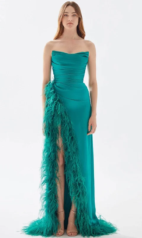 Chic & Cozy Apparel Tarik Ediz 52004 - Strapless Feathered Slit Prom Gown