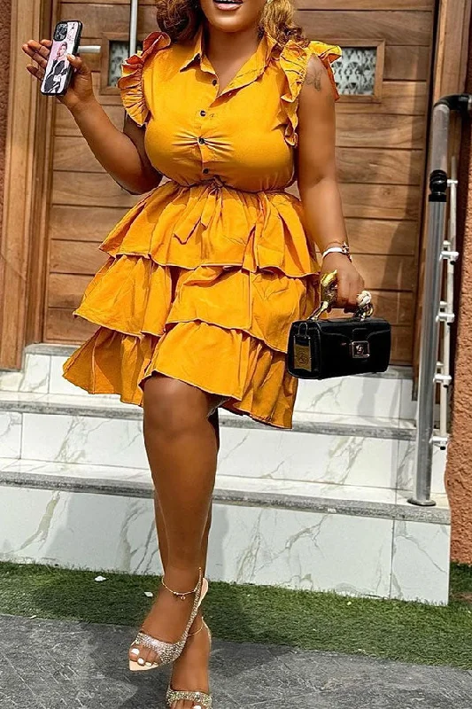 Workwear Fashion for Women Solid Color Sweet Lace-Up Ruffles Tiered Mini Dress