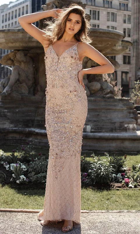 Outfits Ideas Chic and Holland AN1470 - V-Neck Beaded Prom Gown