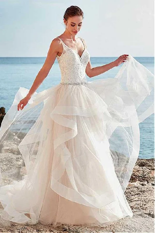 Seasonal Trends Roycebridal Tulle A-line Beaded Spaghetti Straps Backless Wedding Dress, Bridal Gown, MW734