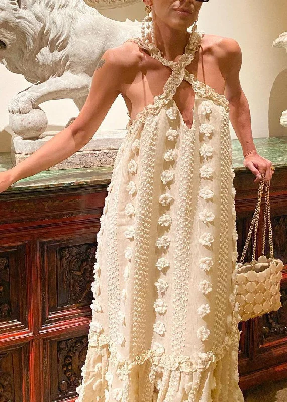 Casual Chic for Women Boho Beige Neck Tie Patchwork Floral Holiday Maxi Dresses Summer Casual Chic for Women Boho Beige Neck Tie Patchwork Floral Holiday Maxi Dresses Summer