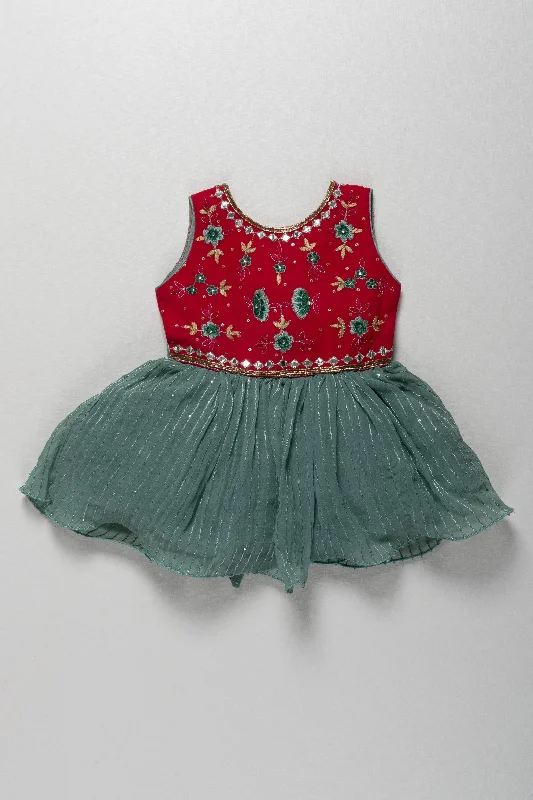 Sophisticated Fashion Red With Mint Green Embroidery Sequenced Party Wear Frock For Baby Girls Sophisticated Fashion Red With Mint Green Embroidery Sequenced Party Wear Frock For Baby Girls
