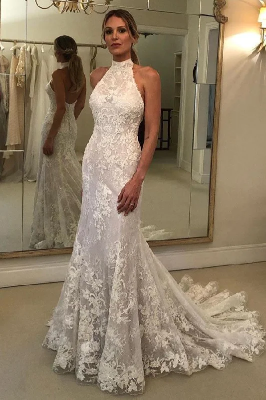 Flash Sales This Week Roycebridal Lace Mermaid Halter Neck Backless Wedding Dresses With Court Train, MW965 Flash Sales This Week Roycebridal Lace Mermaid Halter Neck Backless Wedding Dresses With Court Train, MW965