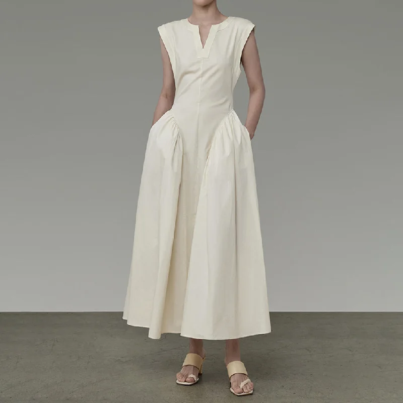 Flash Sale Now Minimal V Neck Cape Sleeve Cotton Blend Ruched Drop Waist Midi Dress