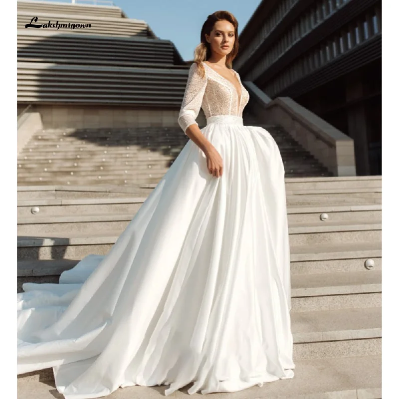 Trendy Outfits For Girls Roycebridal sukienka na wesele Satin Deep V Neck Three Quarter Sleeve Wedding Dresses Elegant vestido de noiva princesa luxuoso Lakshmigown