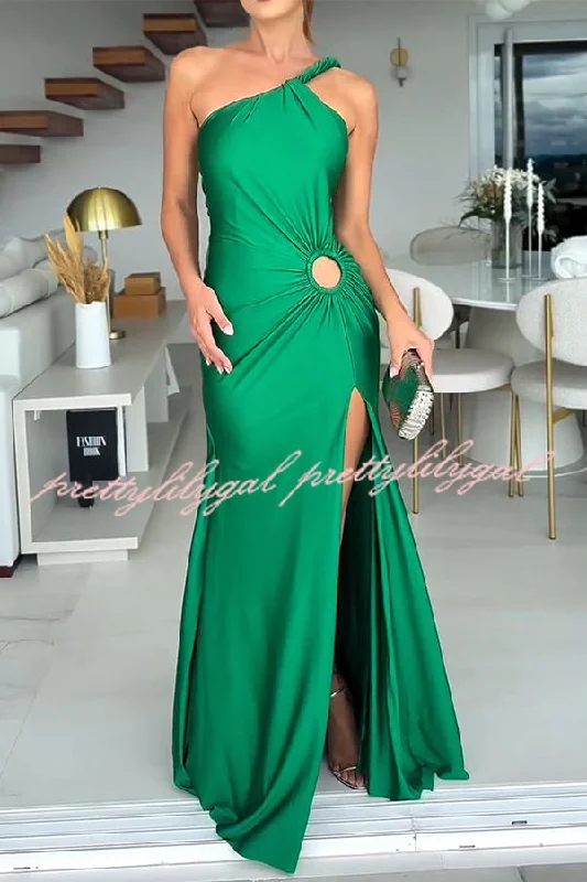 Chic And Trendy Ermia Satin Twist Ruched One Shoulder Cutout Detail Slit Maxi Dress