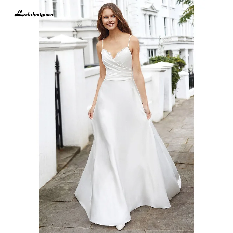 Exclusive Sale Roycebridal Simple Spaghetti Straps Off the Shoulder Satin Pleats Wedding Dresses With Back Buttons V Neck Backless Beach robe de mariée