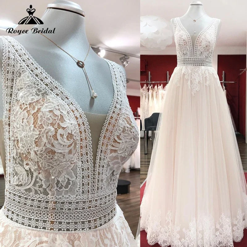 Trendy Threads Vintage Boho Champagne Wedding Dress Lace Appliques V Neck Sleeveless Sweep Train Beach Vestidos Elegant Birdal Civil Robe Trendy Threads Vintage Boho Champagne Wedding Dress Lace Appliques V Neck Sleeveless Sweep Train Beach Vestidos Elegant Birdal Civil Robe