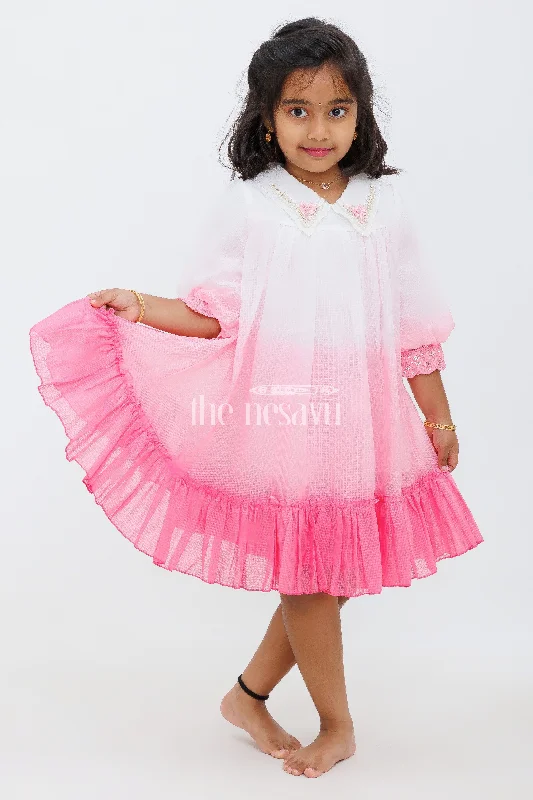 Vibrant Styles Pink Shaded Polysilk Organza Frock with Lace Detail for Girls