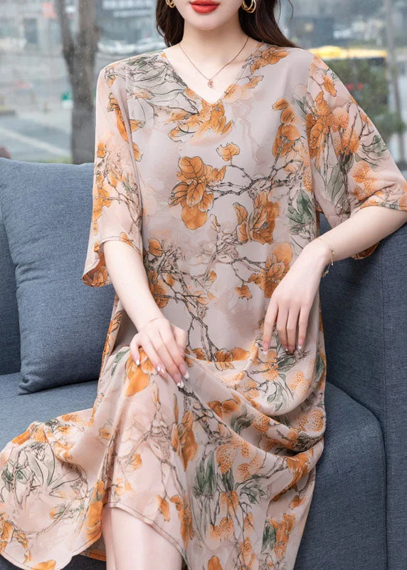 Flash Sale Event Plus Size Floral V Neck Print  Patchwork Silk Mid Dress Summer