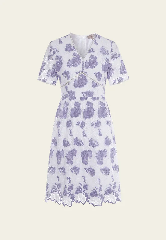 Casual Wear Purple V-neck Lace Midi Dress