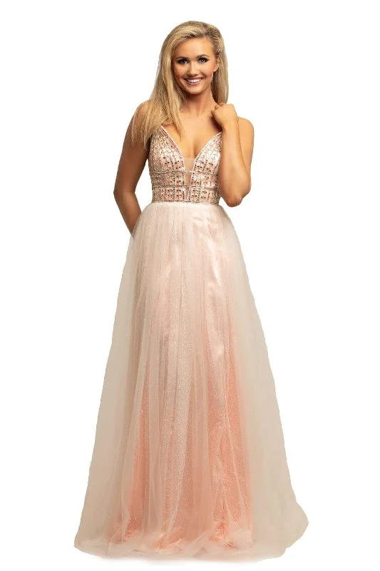 Top Deals Johnathan Kayne - 2000 Sleeveless Illusion V Neck Glitter Mesh Gown - 1 pc Petal Pink In Size 6 Available