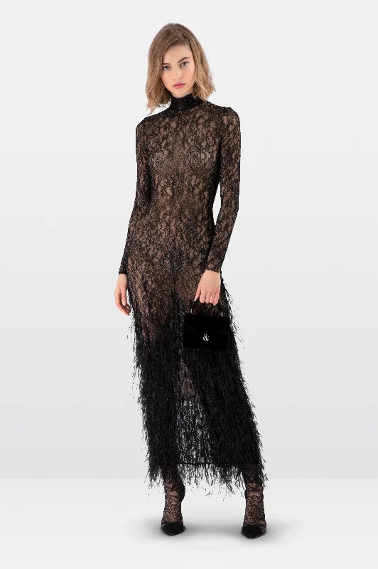 Women Online Clothing Boutiques Black Lace Feather Embroidered Fitted Midi Dress