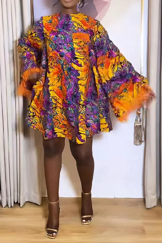 Women’s Casual and Dressy Outfits Abstract Print Feather Trim Trumpet Sleeve Relaxed Mini Dress Women’s Casual and Dressy Outfits Abstract Print Feather Trim Trumpet Sleeve Relaxed Mini Dress