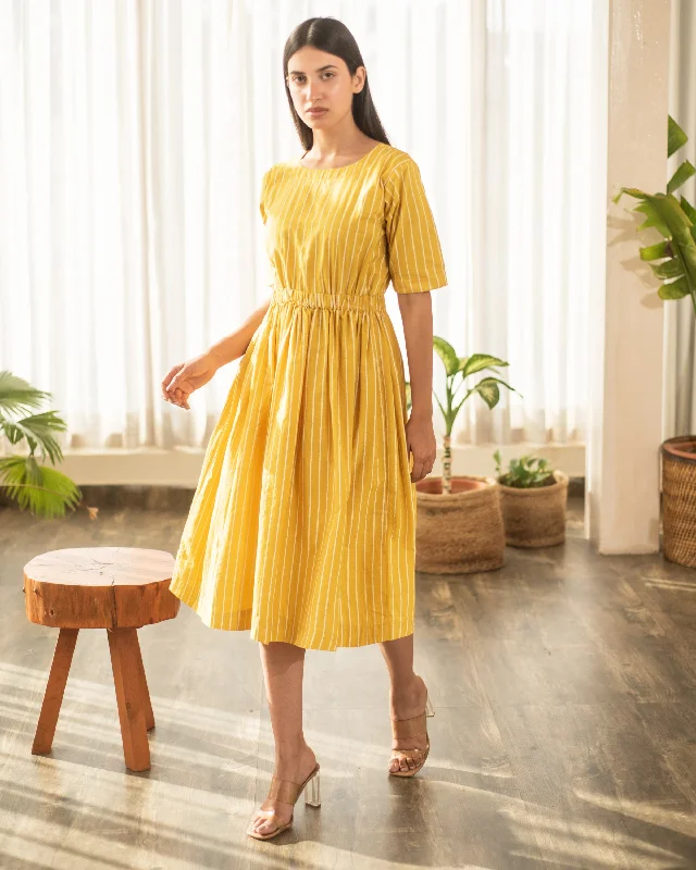 Coastal Beach - Inspired Style Yellow Stripe Elastic Waist Dress