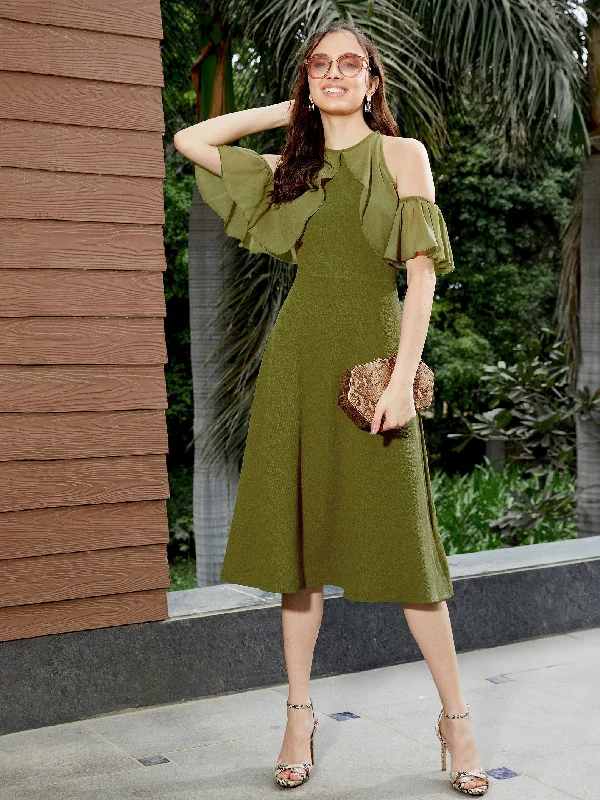 Flash Sale Fever Women Olive Sleeve Frill Detail Midi Dress