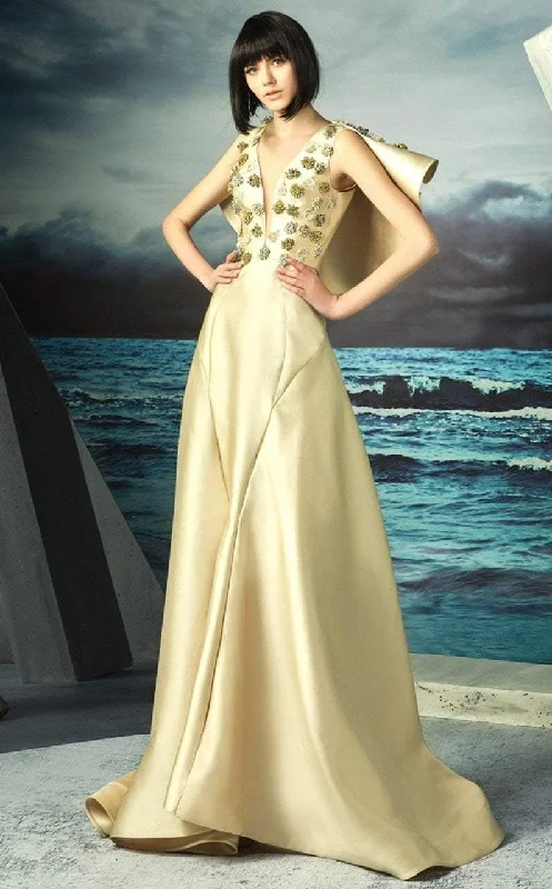 Clothing Sale MNM Couture - G0825 Illusion Plunging Gown with Ruffled Cape