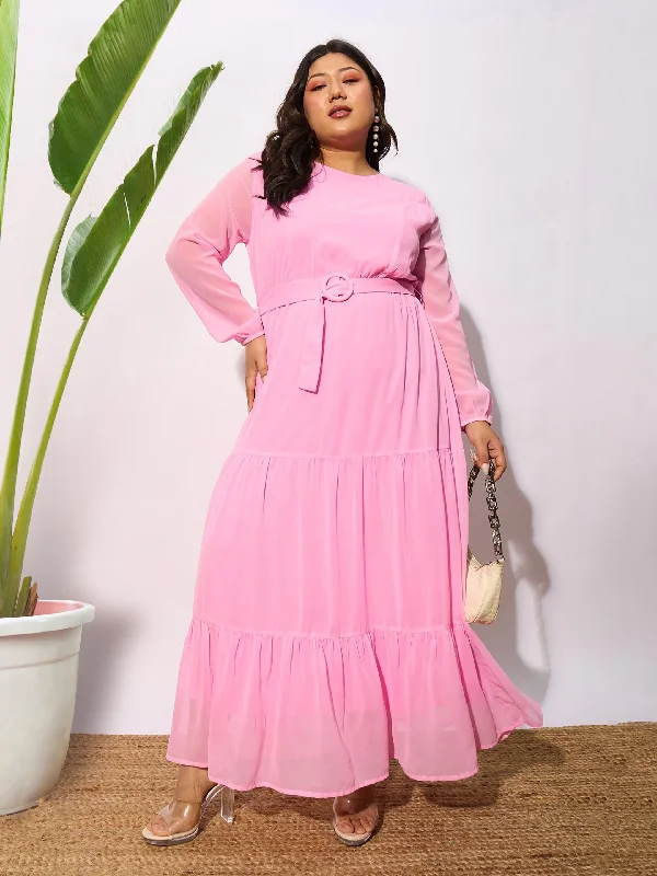 Big Savings Women Pink Tiered Maxi Dress