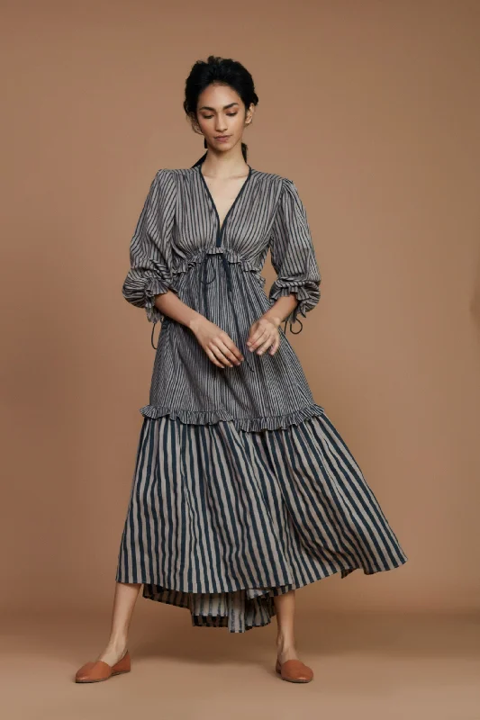 Women's Casual Clothing For Lounging Tiered Frill Grey Striped Dress