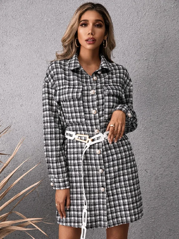 Clothes For Sale Pocketed Plaid Long Sleeve Mini Dress