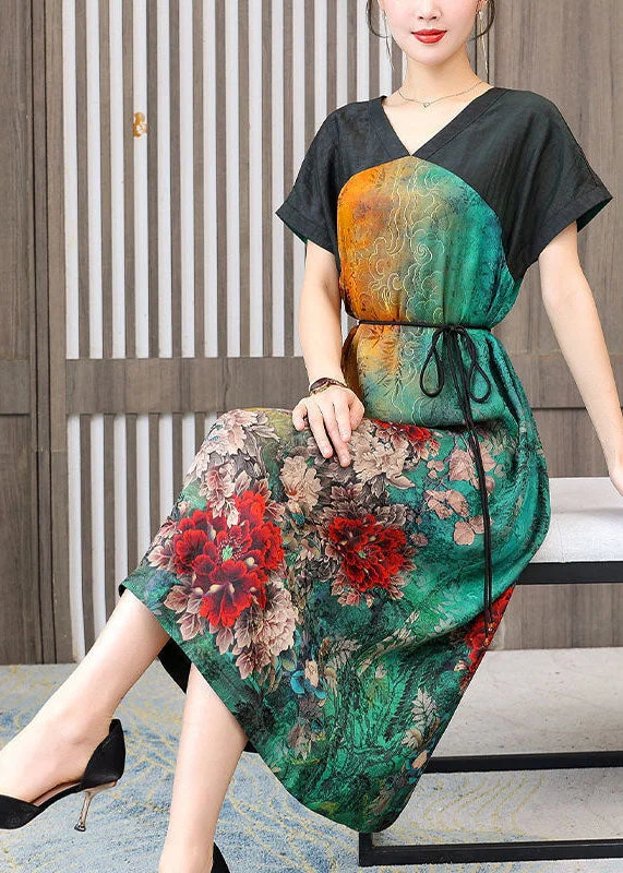 Easygoing Women’s Style Women Colorblock V Neck Patchwork Floral Silk Dress Summer