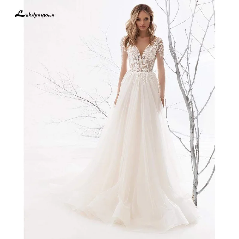 Online Impressions Boutique Roycebridal Split Backless O neck Lace Wedding Dresses