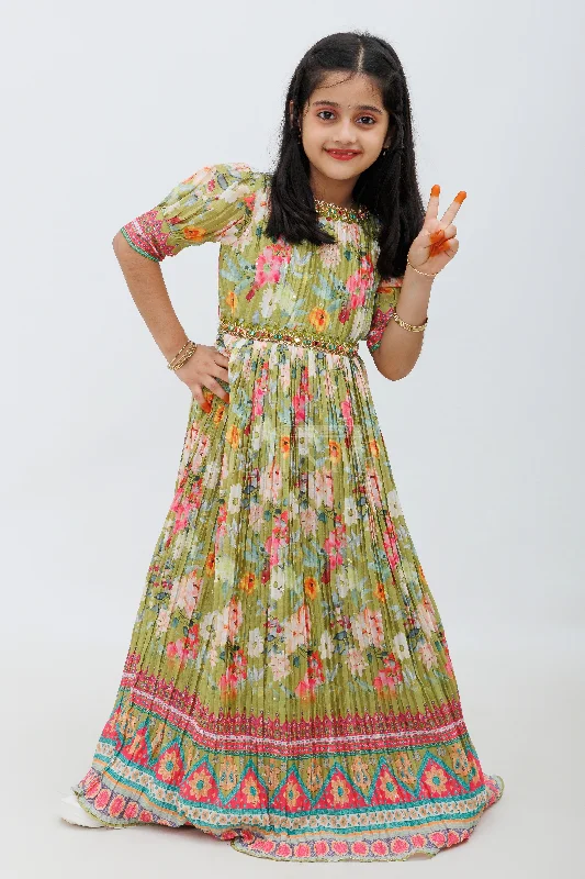 Earthy Tones Green Parrot Print Chinon Party Gown for Girls