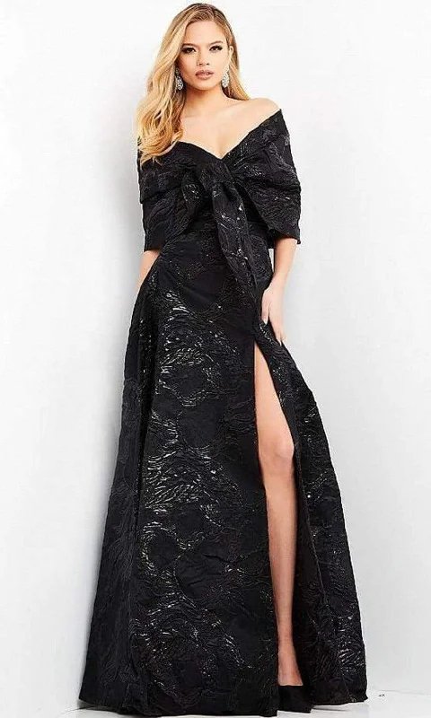 Online Boutiques Clothing Jovani - 05019 Off Shoulder Jacquard High Slit Gown