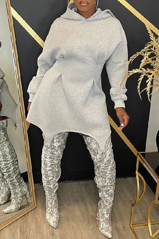 Elegant Women’s Clothing Solid Color Hooded Cozy Irregular Hem Mini Dress