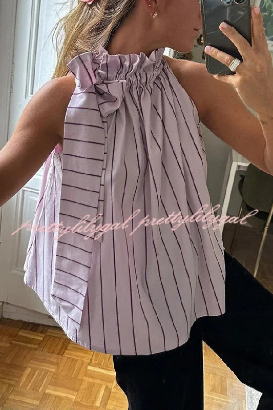 Effortless Everyday Wear Casual Loose Ruffle Lace-up Collar Sleeveless Striped Top
