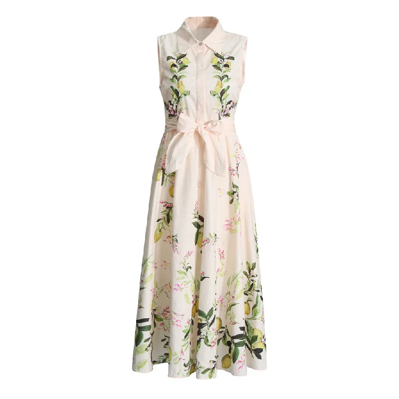 Special Offers Elegant Fruit Printed Folded Collar Button Up Sleeveless Tie Belt Midi Dress Special Offers Elegant Fruit Printed Folded Collar Button Up Sleeveless Tie Belt Midi Dress