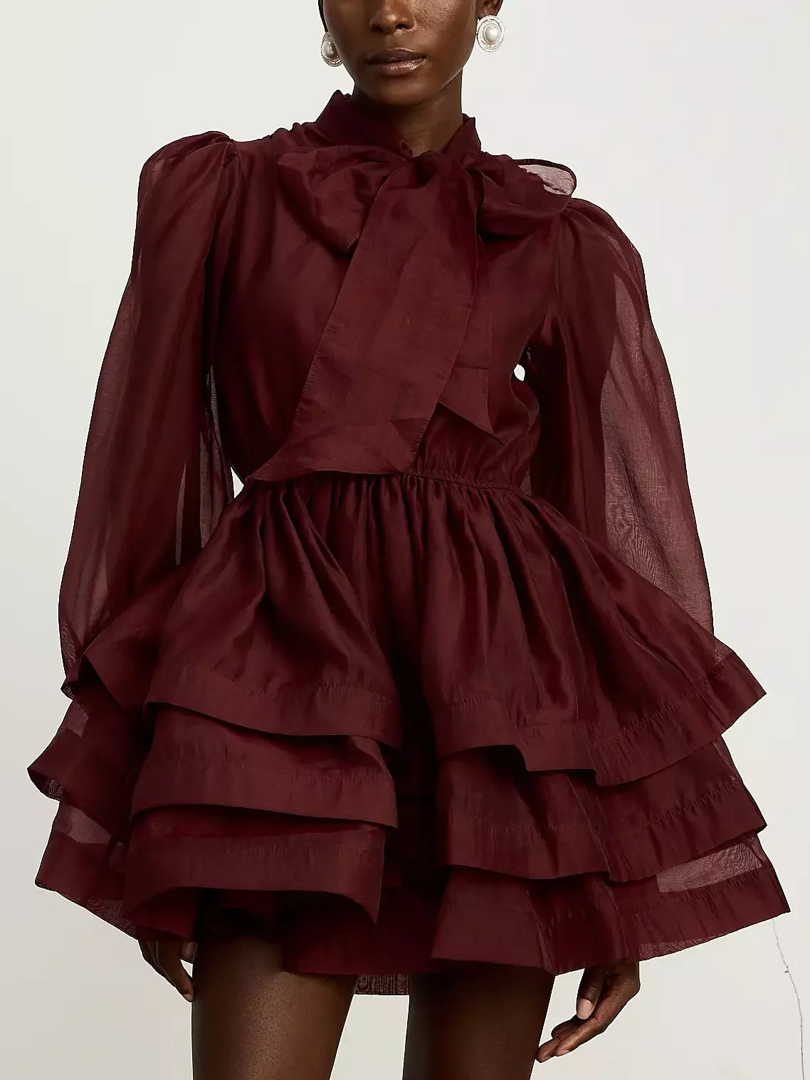Everyday Fashion Tiered Flared Mini Dress with Neck Tie in Burgundy