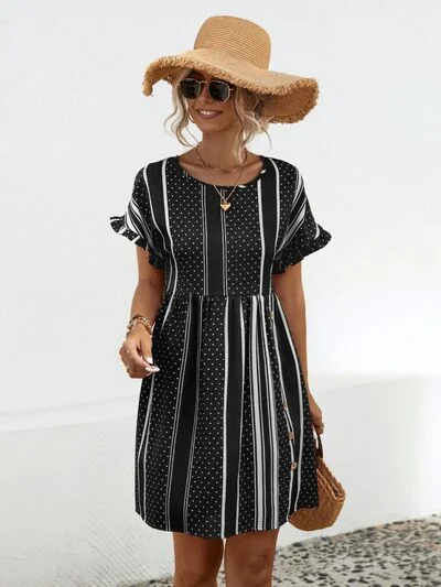 Comfortable Loungewear for Women Striped Polka Dot Frill Short Sleeve Mini Dress