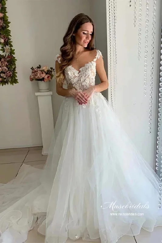 Chic Women’s Clothing for Work and Travel Roycebridal Tulle A-line V-neck Cap Sleeves Wedding Dresses With Lace Appliques, MW945