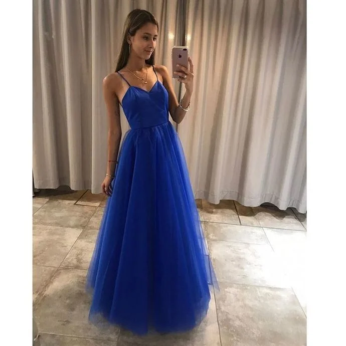 Exclusive Discount Simple Royal Blue Tulle A-line Spaghetti Straps Girls Long Prom Dress   cg15226