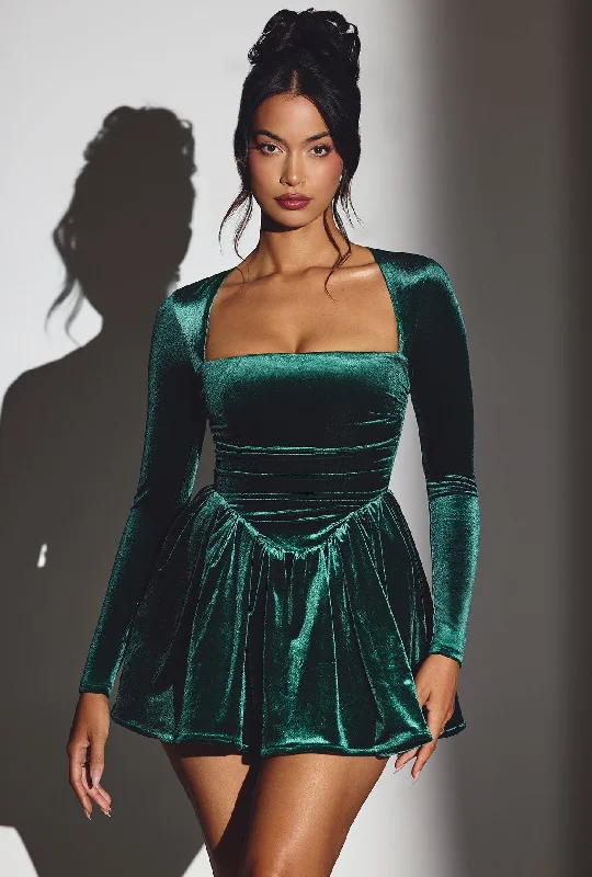 Premium Quality Garments Velvet Long Sleeve Corset Mini Dress in Emerald Green