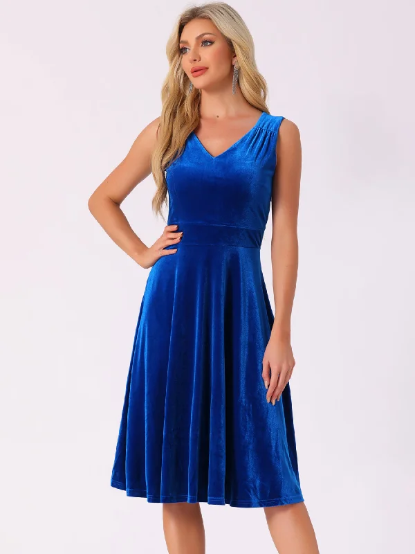 Unbeatable Prices Sleeveless Velvet Ruched High Waist V Neck A-Line Midi Dress