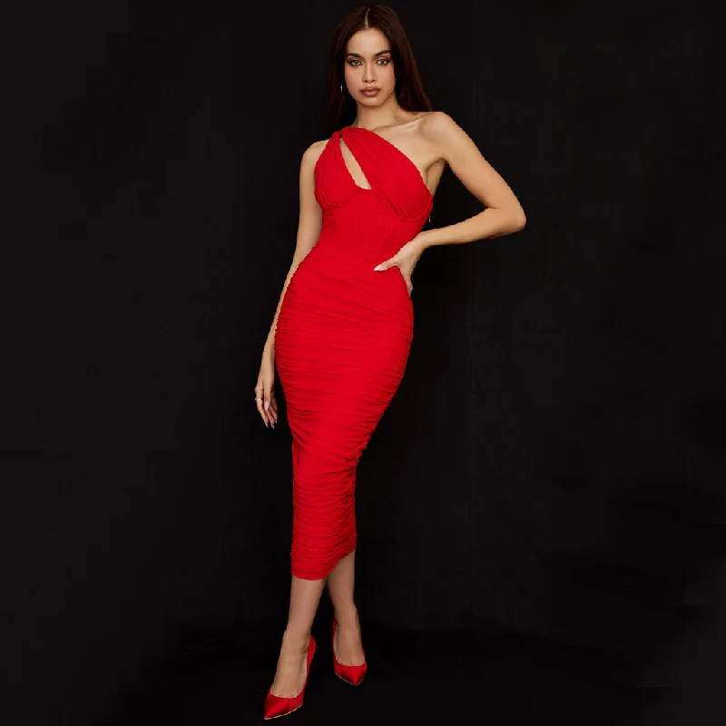 Women's Clothing Asymmetric One Shoulder Cutout Ruched Corset Mesh Midi Dress - Red
