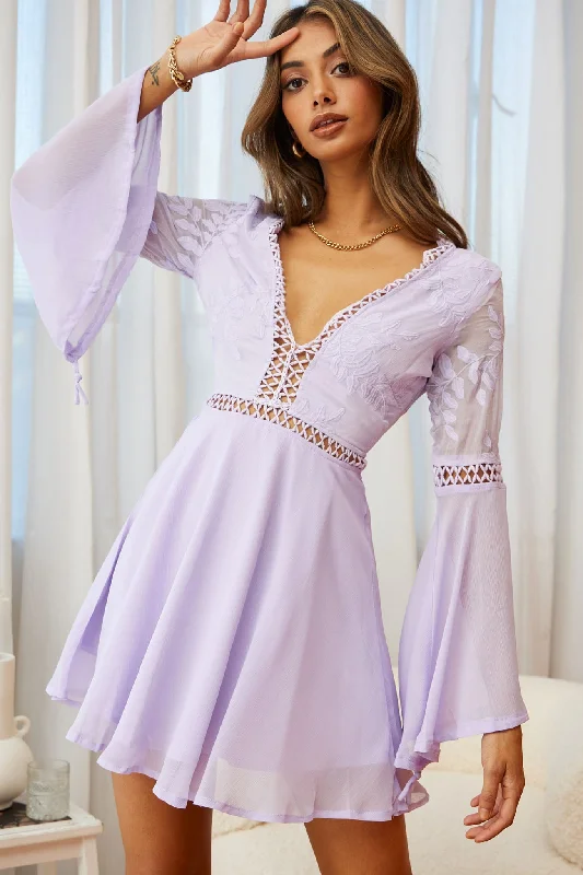 Budget Saver Carson Long Sleeve Crochet Embroidery Detail Dress Lilac