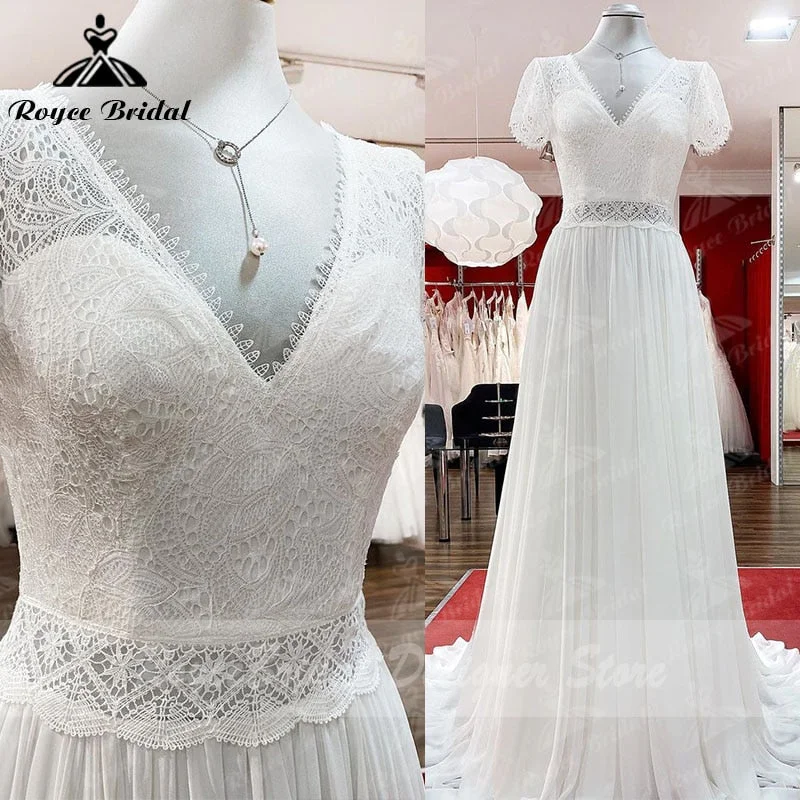 Exclusive Designer Collection Robe Plunging Wedding Dress Open Back Short Sleeve V Neck Lace Bodice Chiffon Wedding Gowns Custom Made vestido de noiva Exclusive Designer Collection Robe Plunging Wedding Dress Open Back Short Sleeve V Neck Lace Bodice Chiffon Wedding Gowns Custom Made vestido de noiva