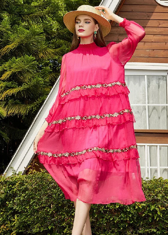 Relaxed Fashion Cute Pink Embroidered Floral Patchwork Wrinkled Silk Long Dress Long Sleeve Relaxed Fashion Cute Pink Embroidered Floral Patchwork Wrinkled Silk Long Dress Long Sleeve