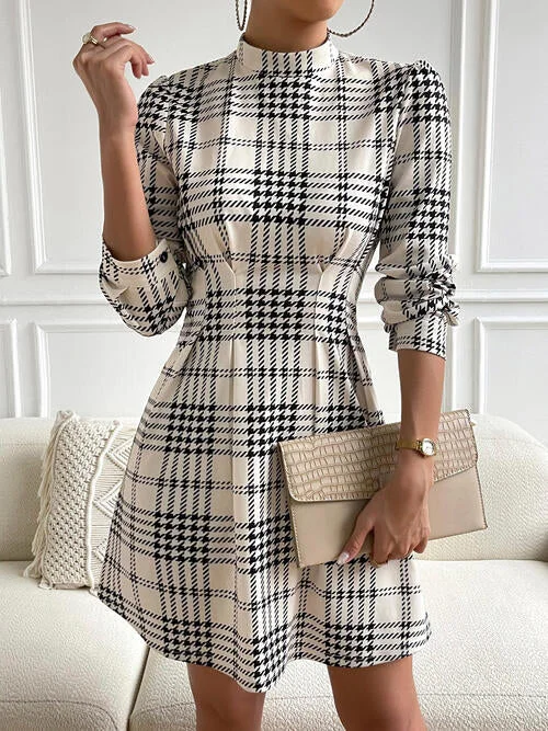 Affordable Women’s Fashion Houndstooth Mock Neck Cinched Mini Dress