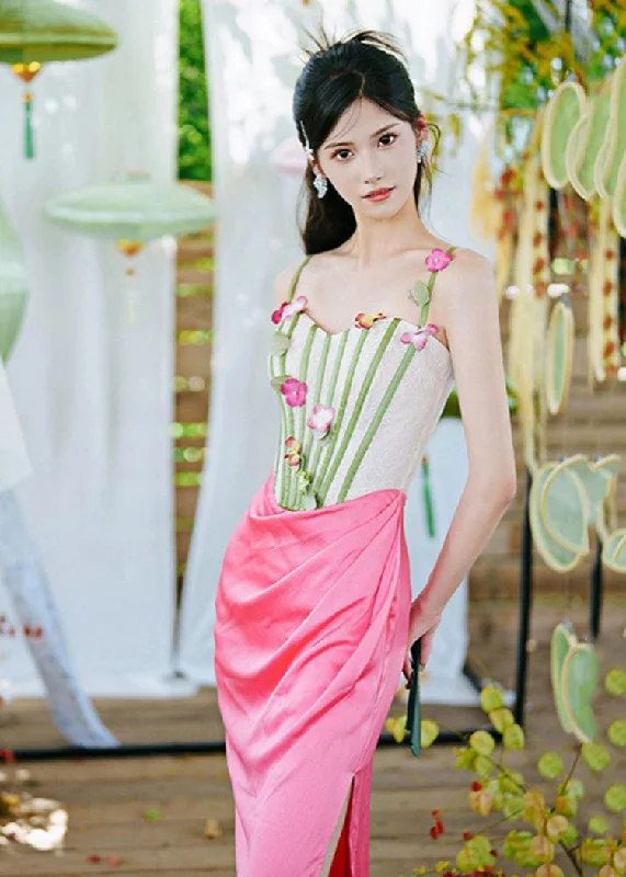 Women’s Fashion Clothing French Pink Floral Patchwork Wrinkled Side Open Slip Dress Sleeveless Women’s Fashion Clothing French Pink Floral Patchwork Wrinkled Side Open Slip Dress Sleeveless
