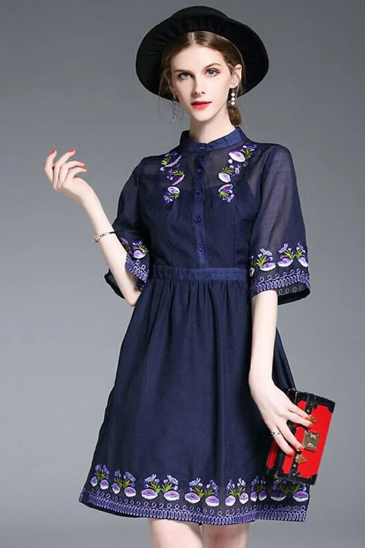 Comfort First Women's Wear Floral Embroidered Pleated Dress