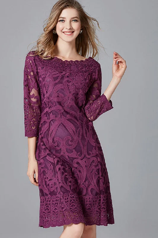 Timeless Elegance THREE QUARTER SLEEVE EMBROIDERED MIDI DRESS