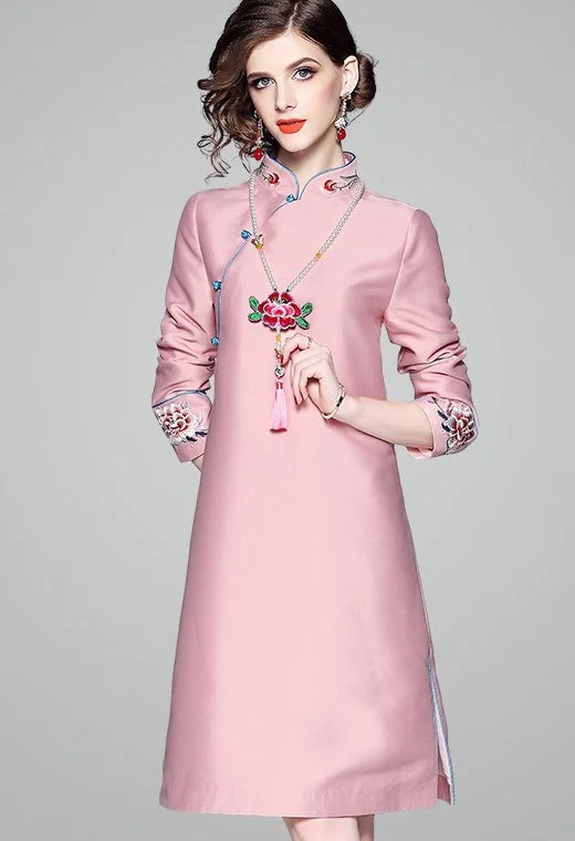Mega Sales Pink Floral Embroidered Qipao Dress