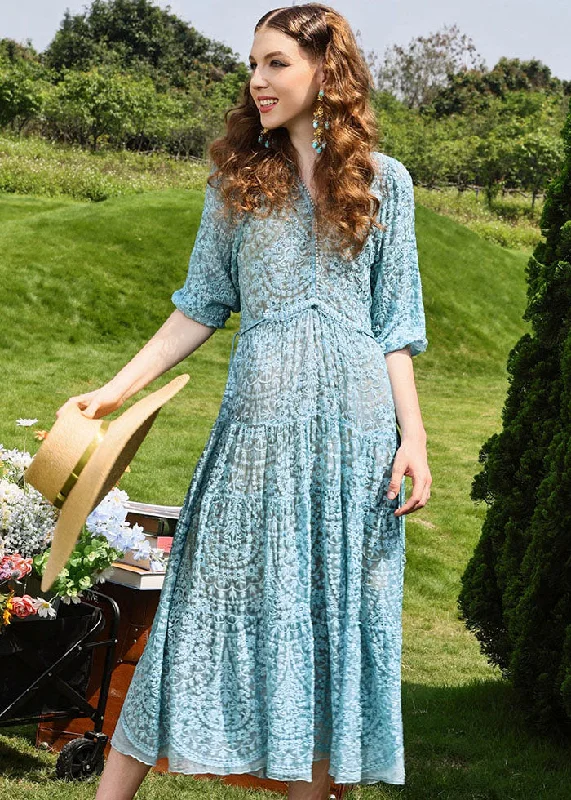Modern Women’s Apparel Brief Sky Blue Embroidered Floral Hollow Out Silk Long Dresses Half Sleeve