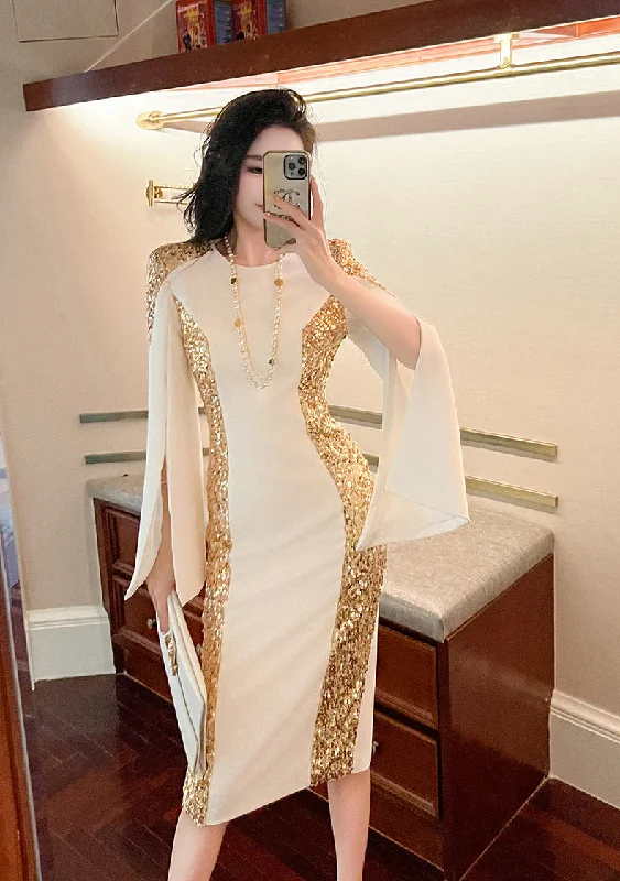 Premium Fabrics Gold Sequins Elegant White Evening Birthday Prom Midi Dress