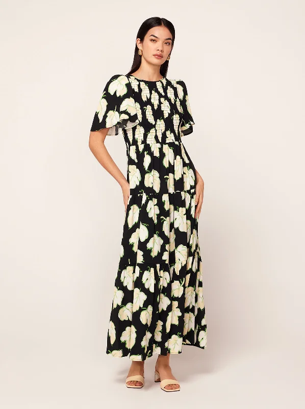 Trendy Women's Wear Bridget Black Vine Leaf Shirred Maxi Dress