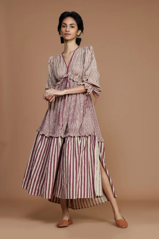 Chic & Cozy Collection Tiered Frill Mauve Striped Dress